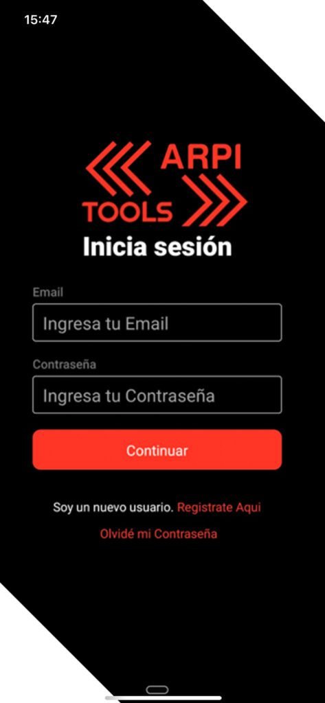 Pantalla de inicio de sesión de la aplicación móvil Arpitools