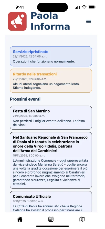 Pantalla de noticias y eventos de la aplicación Paola Informa