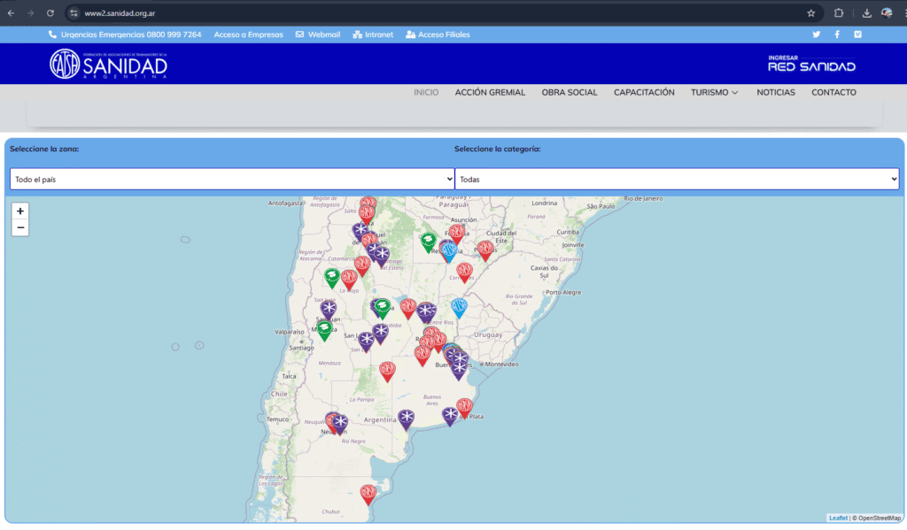 Mapa georreferenciado de servicios en la plataforma Sanidad Web