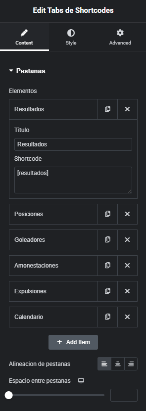 Panel de edición del plugin de shortcodes en pestañas para WordPress