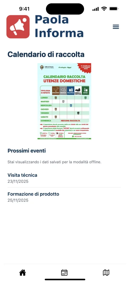 Calendario de recolección de residuos y próximos eventos, disponible también sin conexión, en Paola Informa